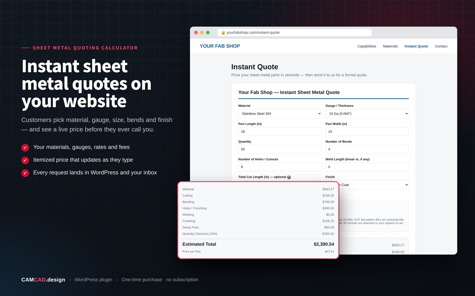Sheet Metal Quoting Calculator WordPress plugin showing an instant sheet metal quote form with a live, itemized price breakdown
